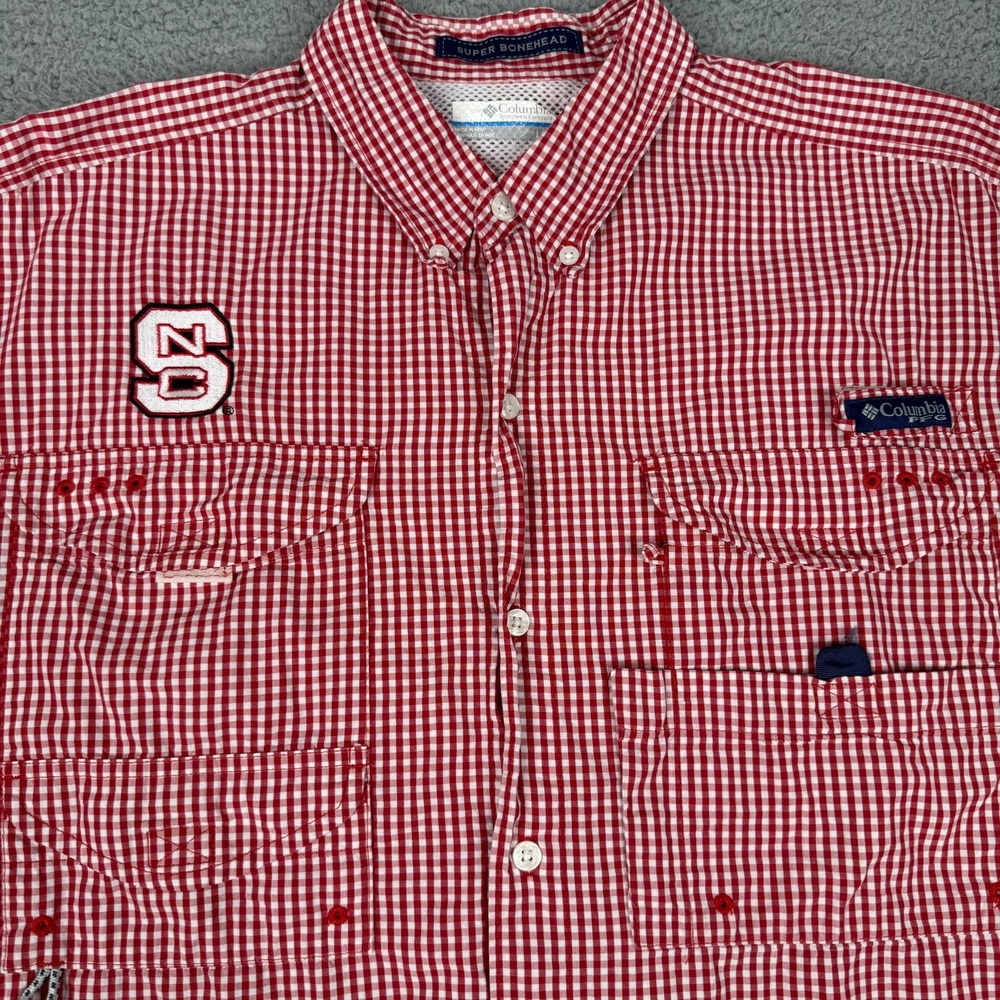NC State Wolfpack Shirt Mens Large Columbia PFG Super Bonehead Fishing Red FLAW